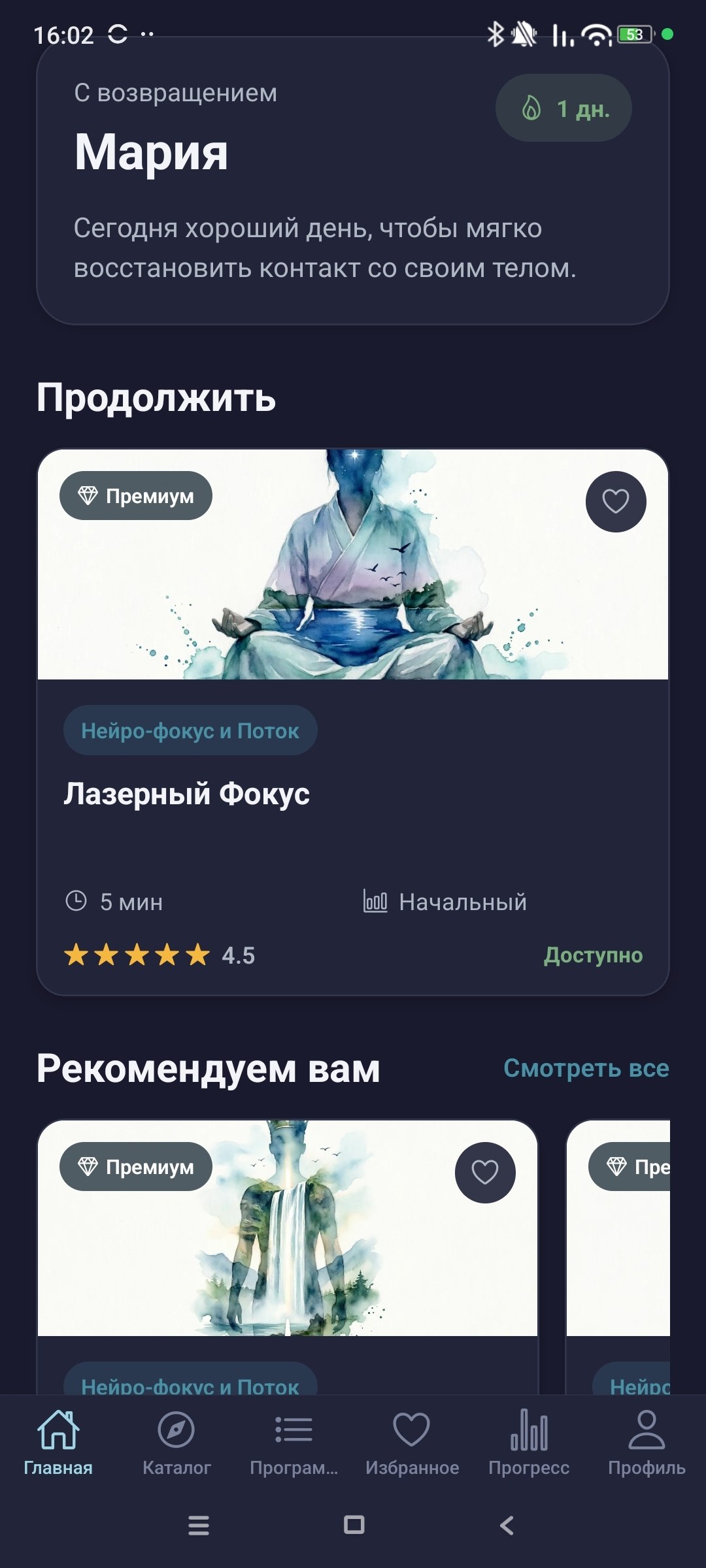 Главный экран приложения Somatica